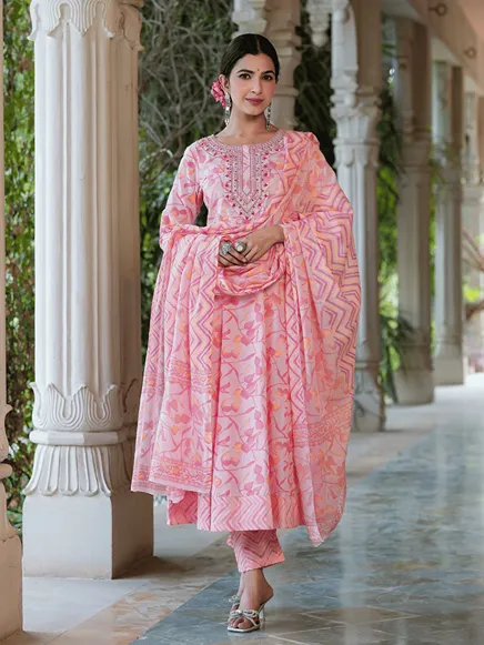 Floral Embroidered Pure Cotton Kurta With Trousers & With Dupatta