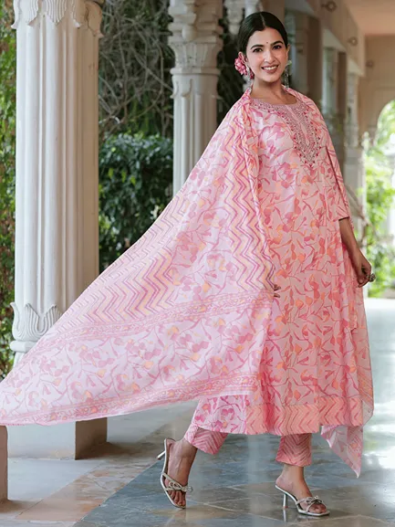 Floral Embroidered Pure Cotton Kurta With Trousers & With Dupatta