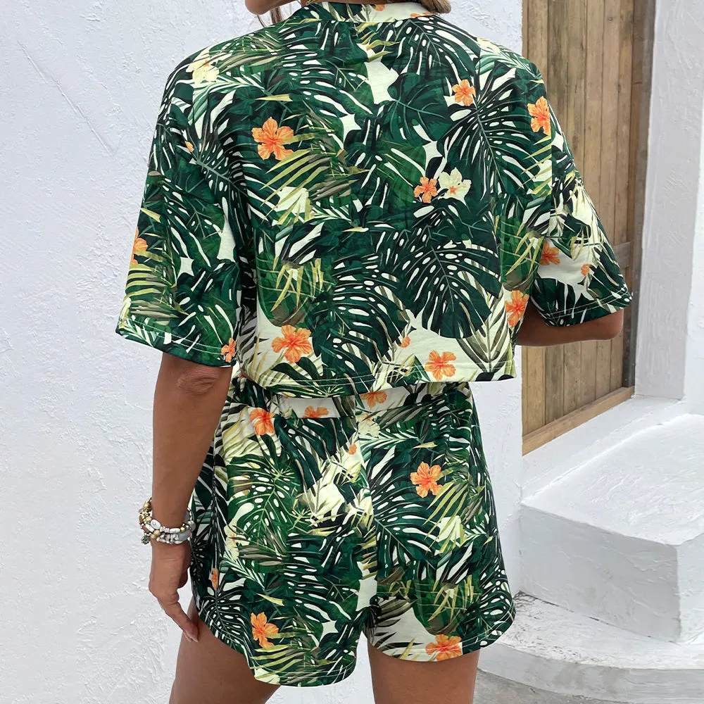 Floral Print Round Neck Dropped Shoulder Half Sleeve Top and Shorts Set