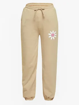 Girls Beige Flower Vintage Print Terry Joggers