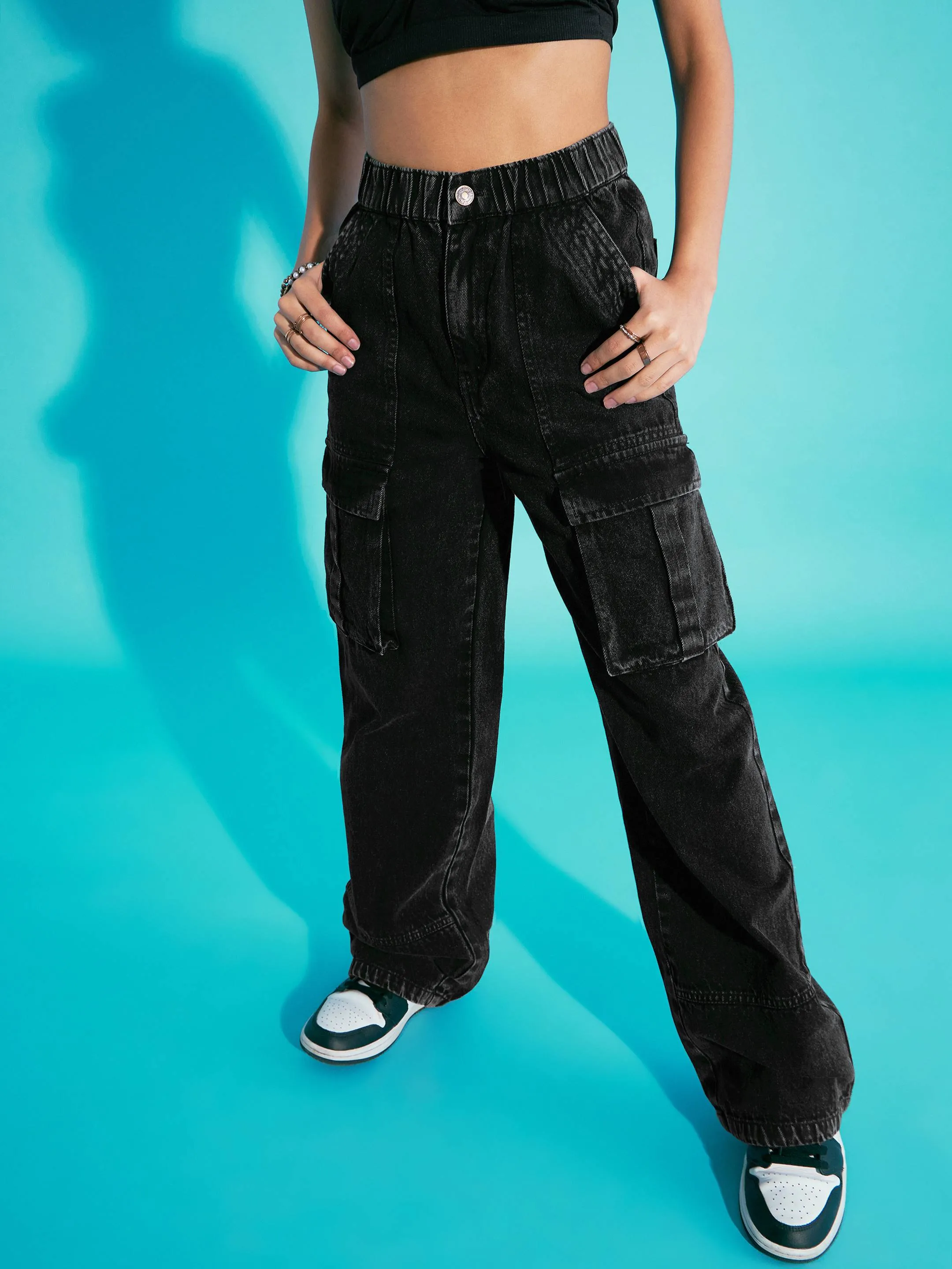 Girls Black Acid Wash Elasticated Waist Cargo Jeans