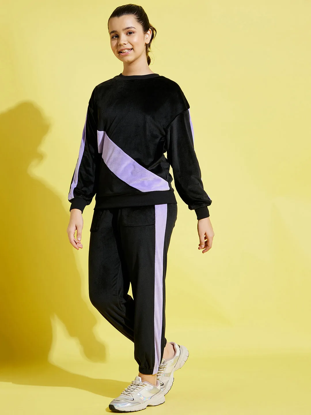 Girls Black & Lavender Velour Oversize Sweatshirt With Joggers