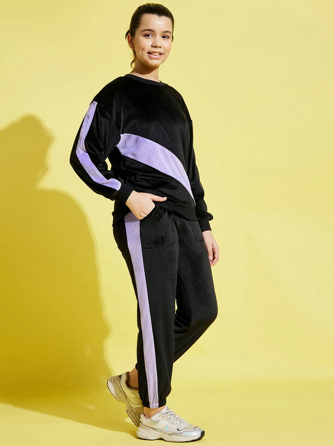 Girls Black & Lavender Velour Oversize Sweatshirt With Joggers