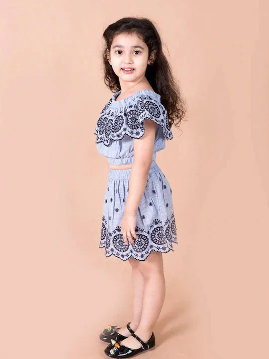 Girls Blue Black Embroidered Top With Skirt