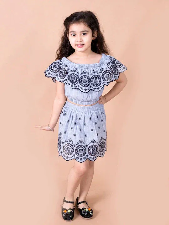 Girls Blue Black Embroidered Top With Skirt