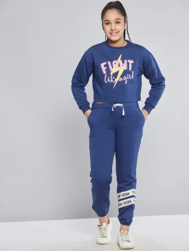 Girls Blue Fleece Brand Tape Joggers