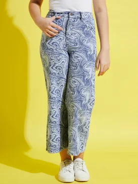 Girls Blue Marble Print Straight Jeans