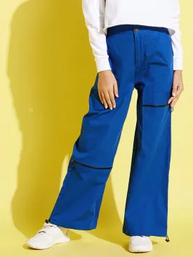 Girls Blue Pull Hem Twill Joggers