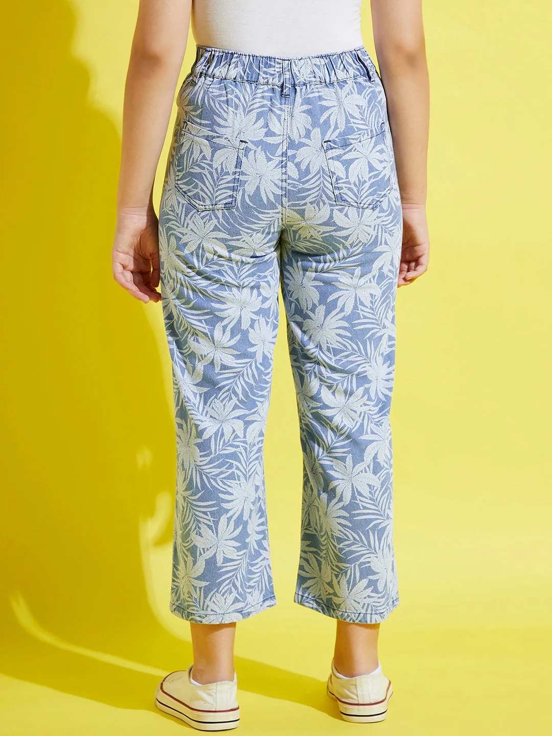 Girls Blue Tropical Print Straight Jeans