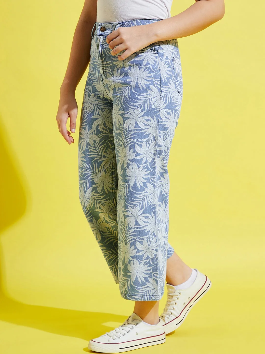 Girls Blue Tropical Print Straight Jeans