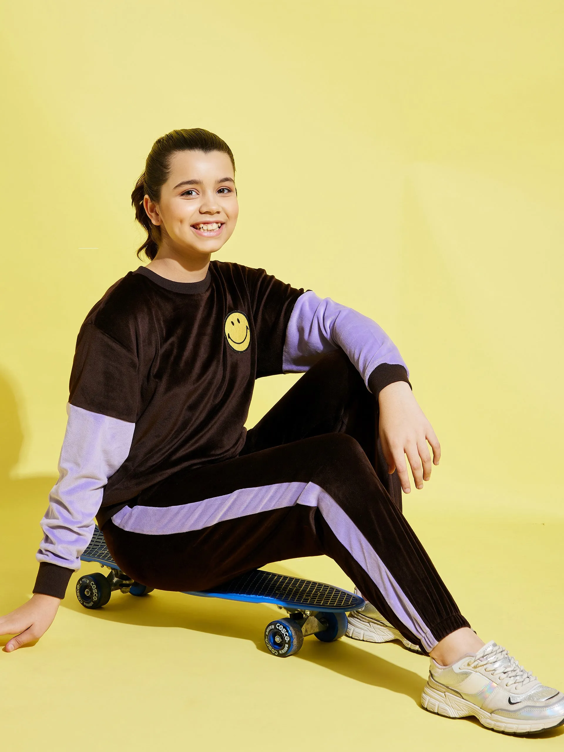 Girls Brown & Lavender Velour Oversize Sweatshirt With Joggers