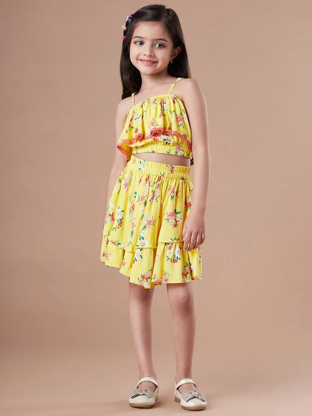 Girls Checked Sleeveless Top With Skirt