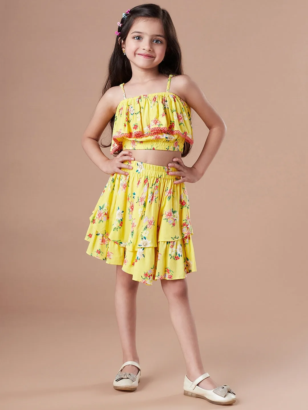 Girls Checked Sleeveless Top With Skirt