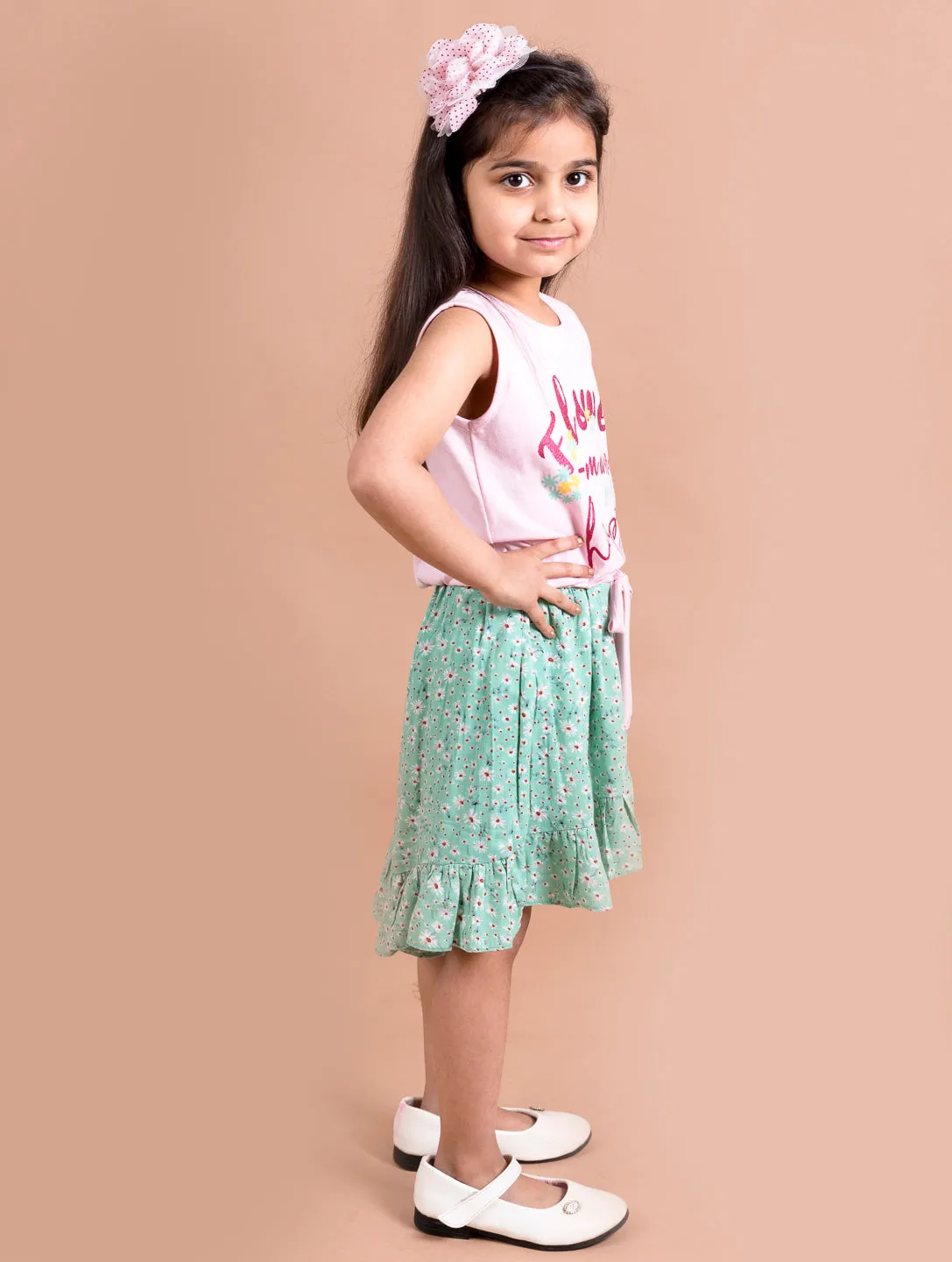 Girls Green Pink Printed T-Shirt With Skirt