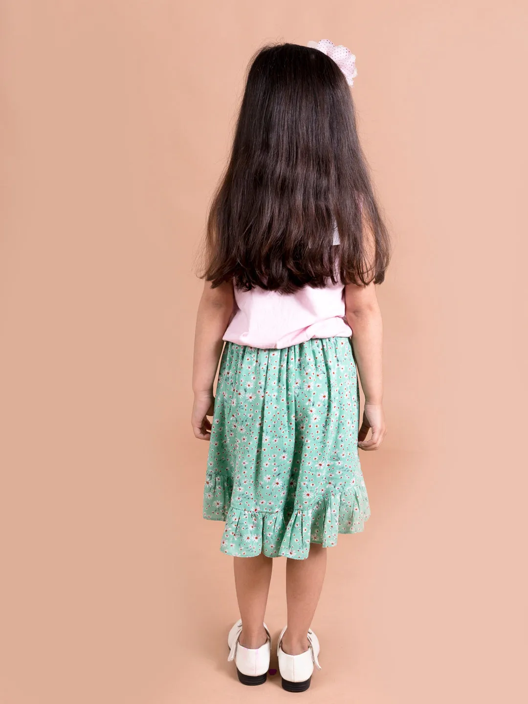 Girls Green Pink Printed T-Shirt With Skirt