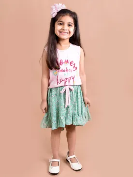 Girls Green Pink Printed T-Shirt With Skirt