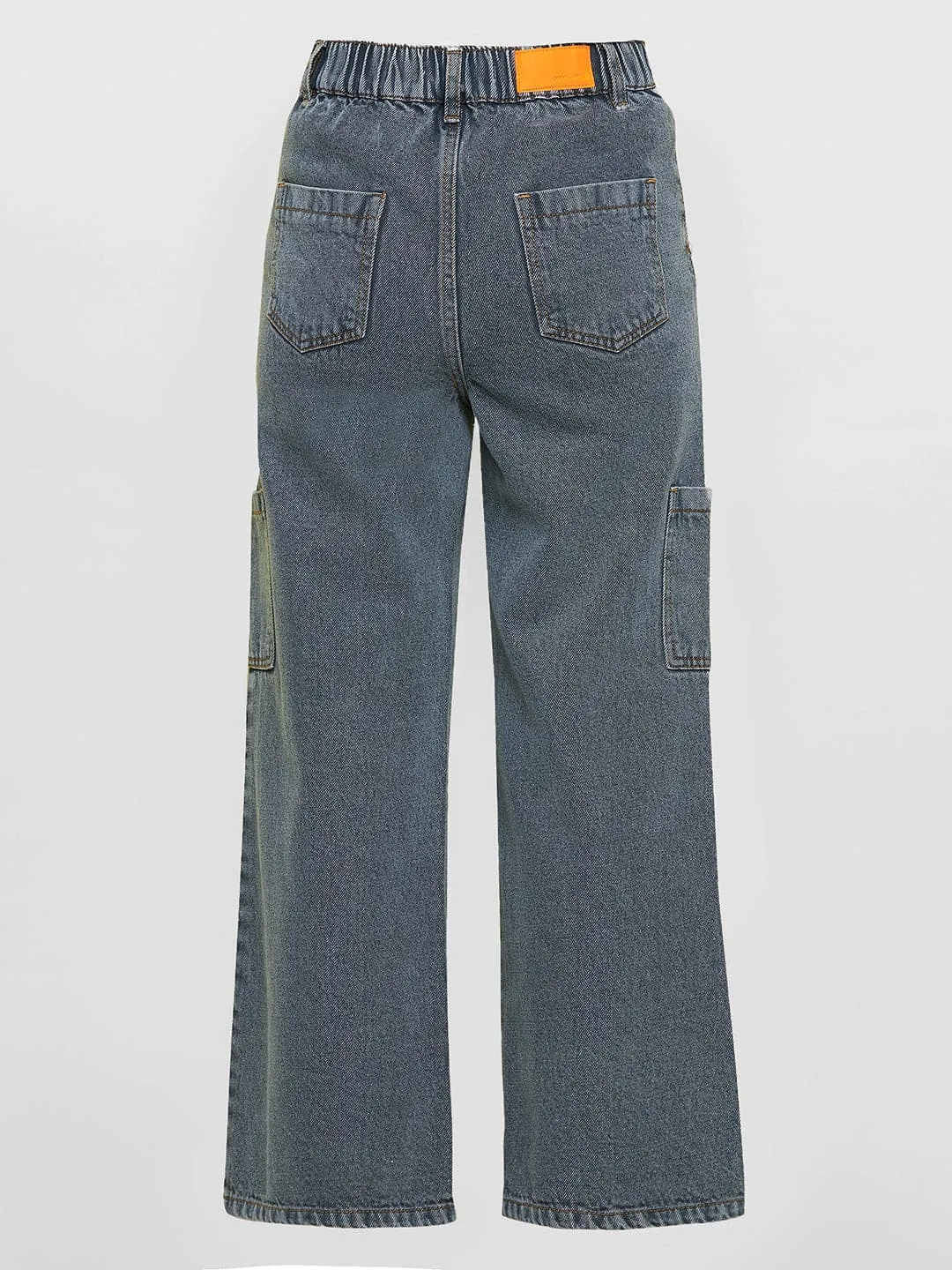 Girls Grey Acid Wash Patch Pocket Straight Jeans