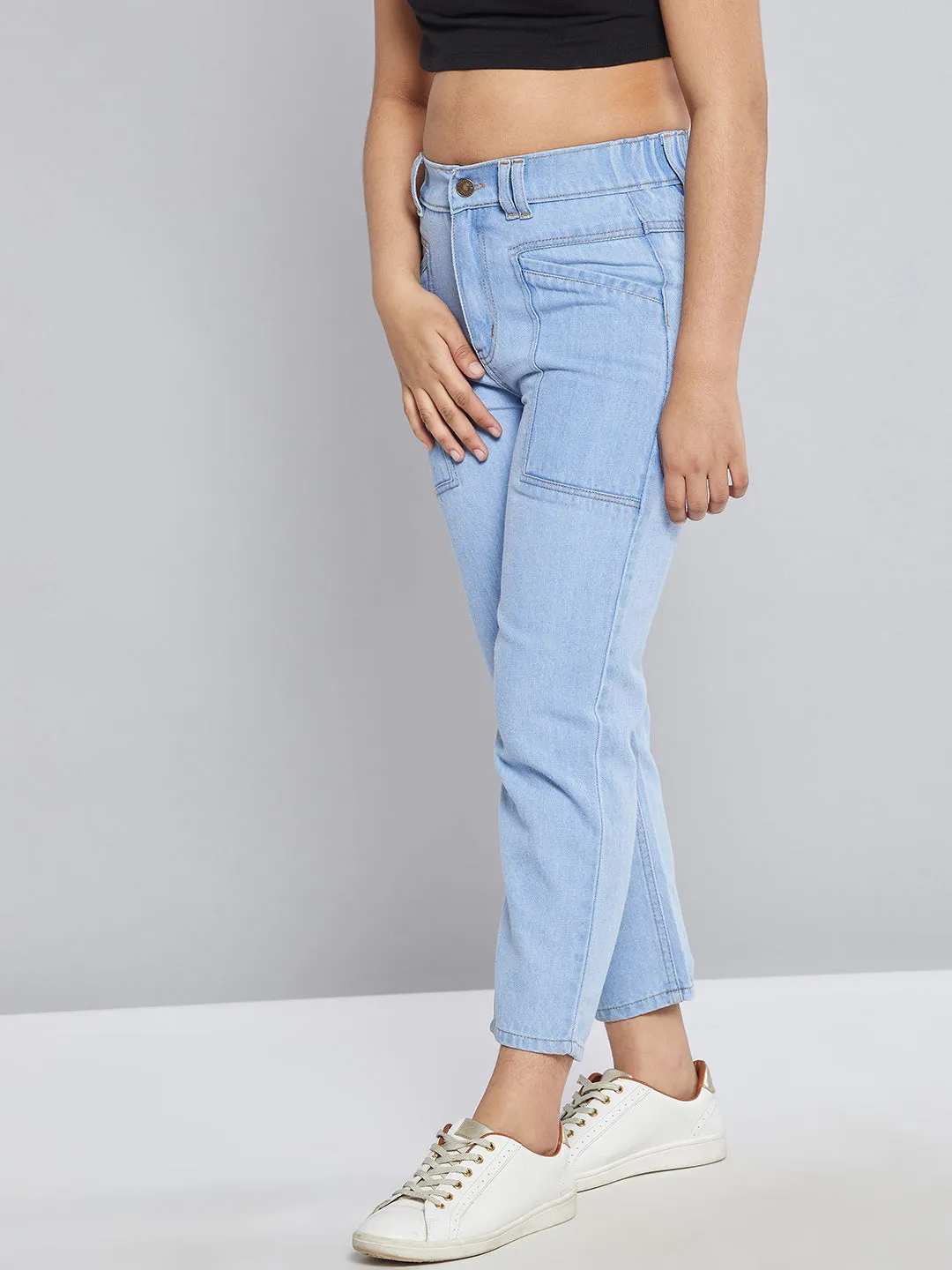 Girls Ice Blue Front Pocket Straight Jeans