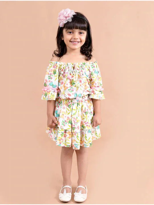 Girls Multi Color Floral Printed Top With Skirt