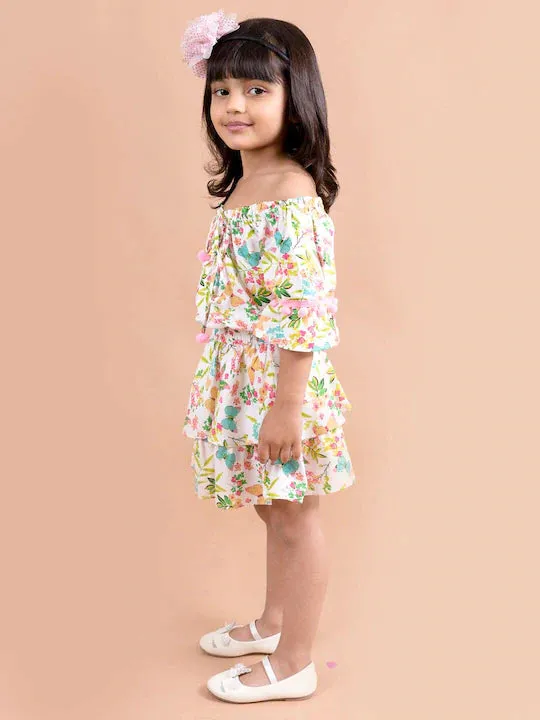 Girls Multi Color Floral Printed Top With Skirt