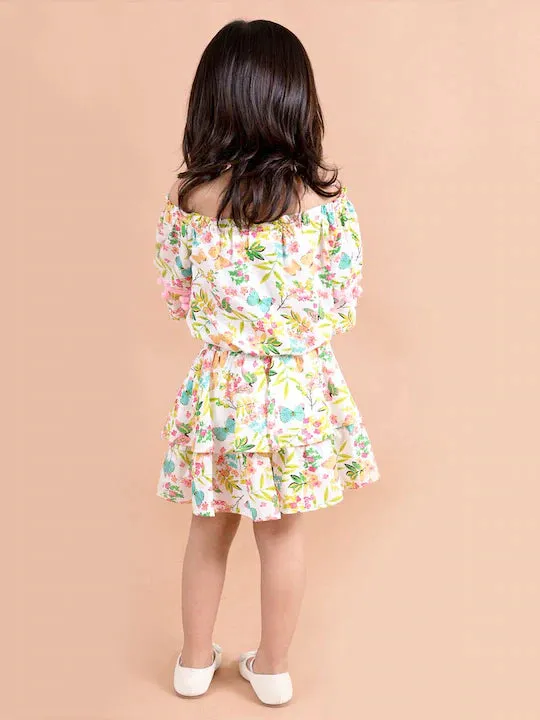 Girls Multi Color Floral Printed Top With Skirt