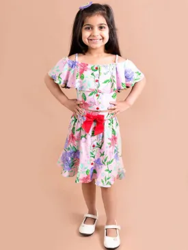 Girls Pink Blue Printed Top With Skirt