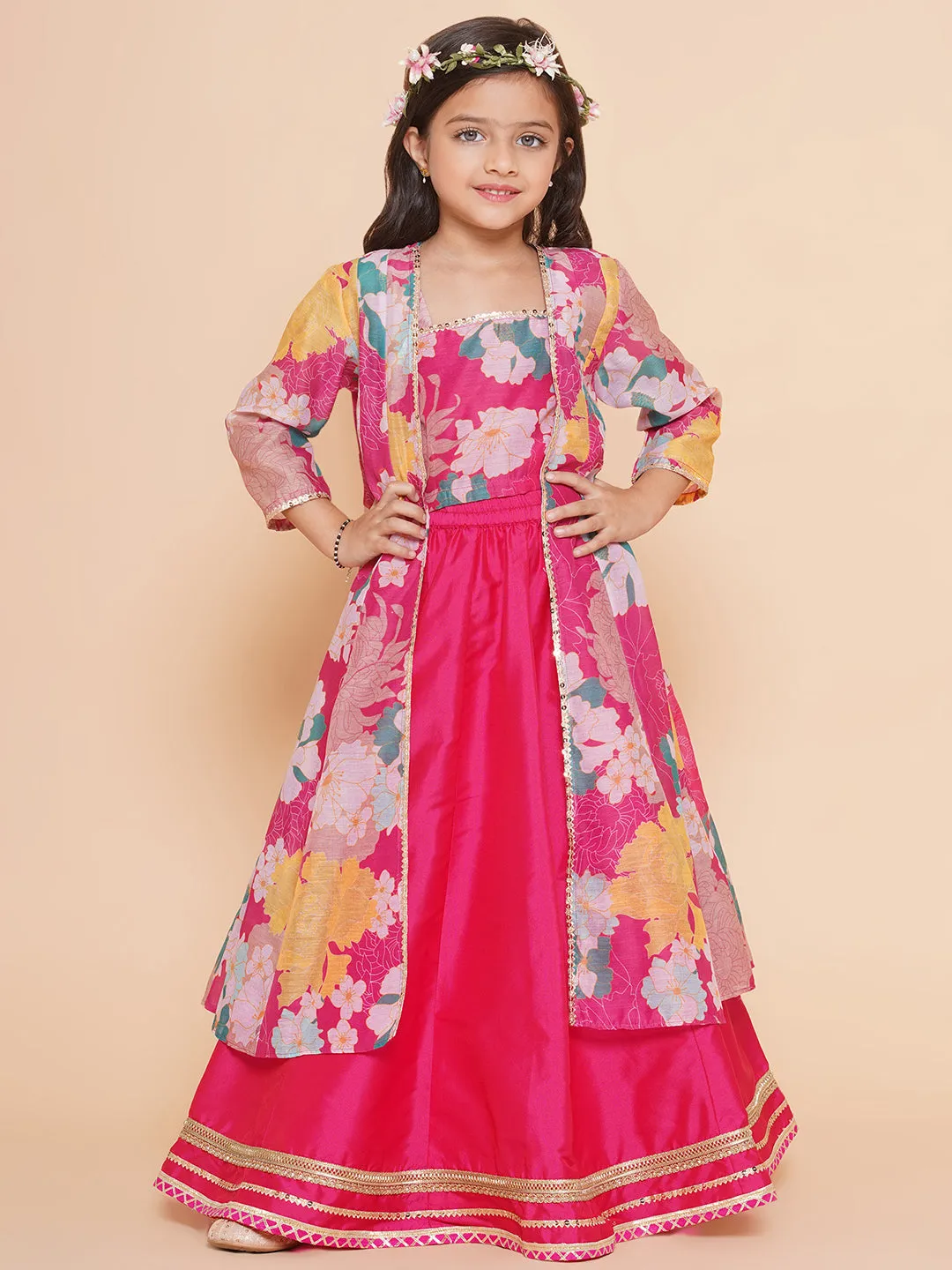 Girls Pink Floral Print Top & Shrug With Ready to wear Skirts