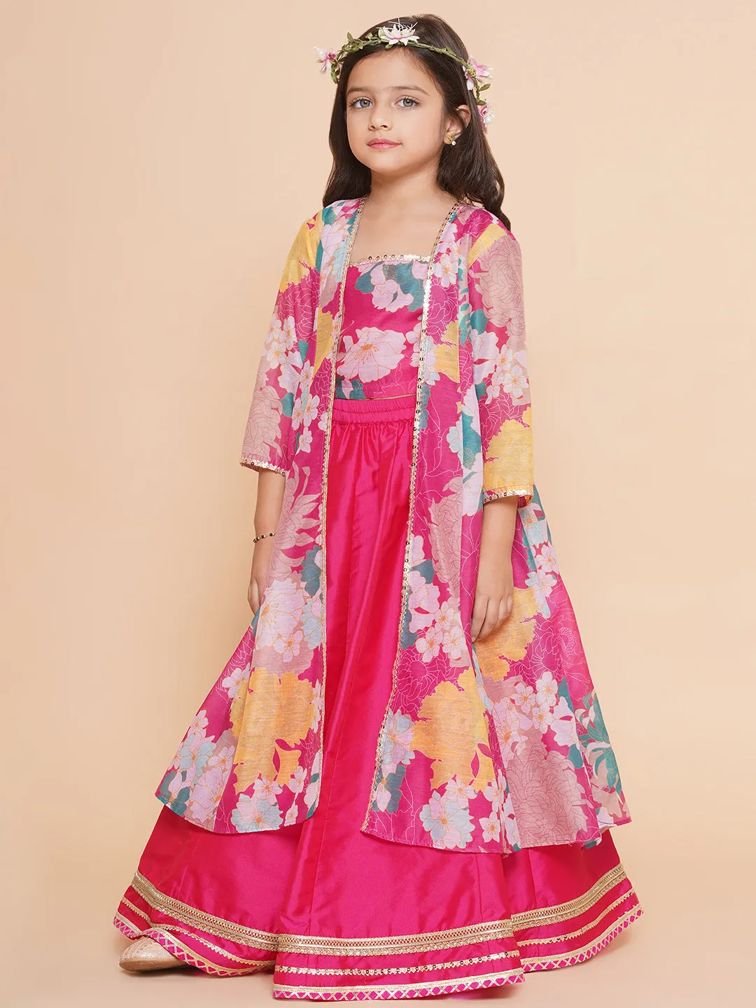 Girls Pink Floral Print Top & Shrug With Ready to wear Skirts