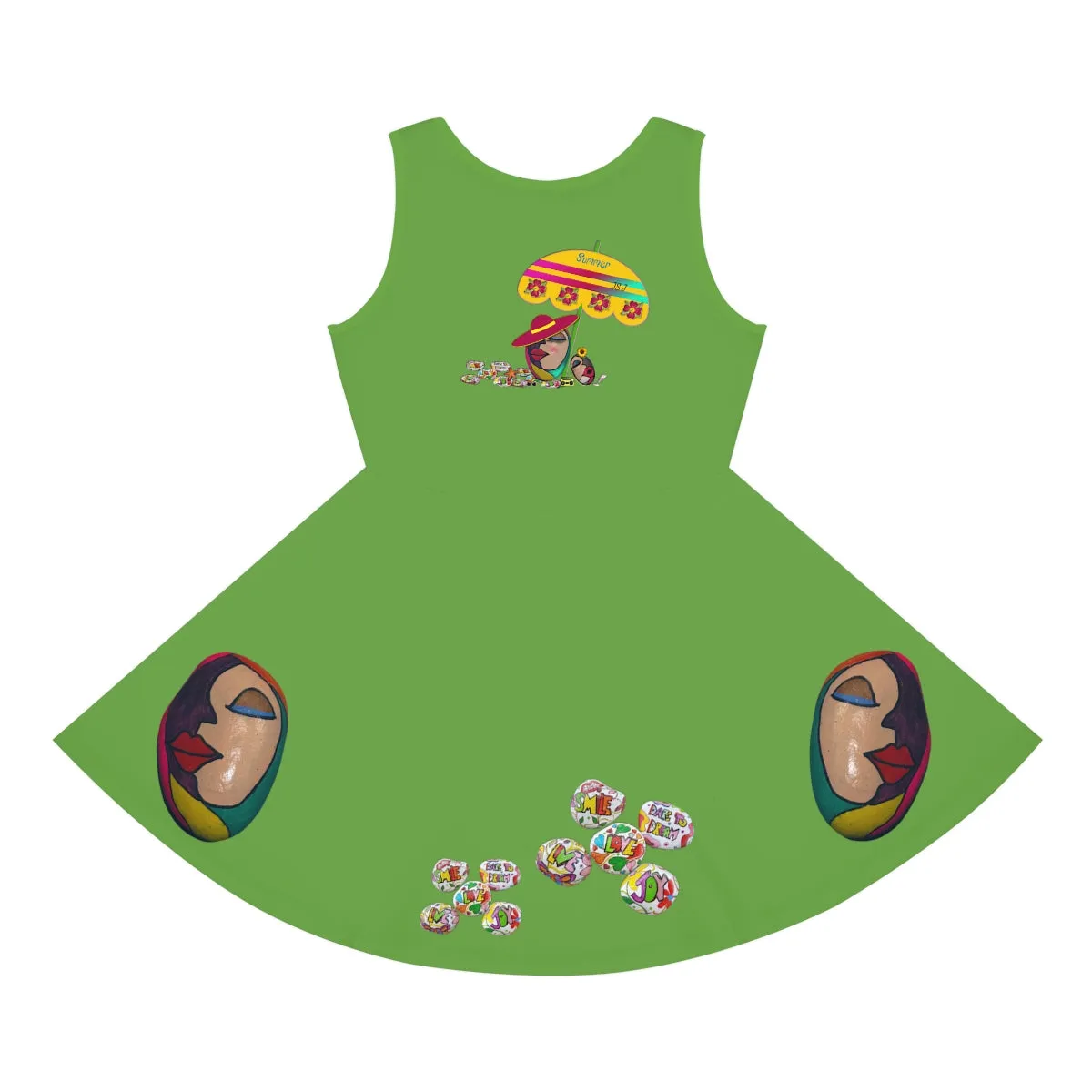 Girls' Sleeveless Sundress (AOP) PEBBLES ART ON GREEN