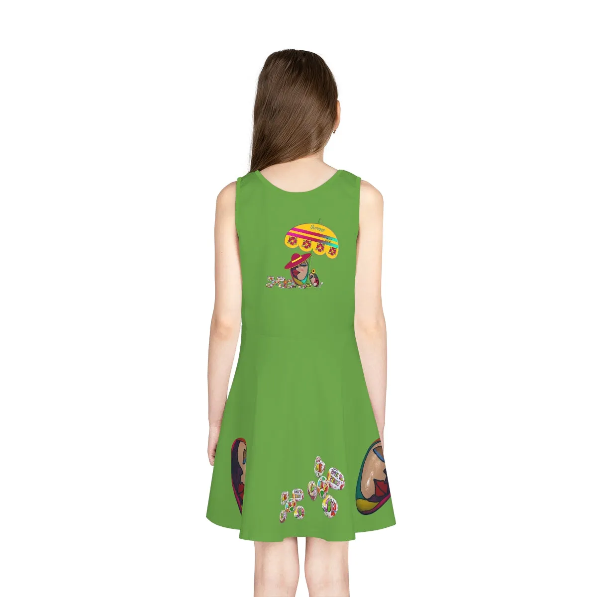 Girls' Sleeveless Sundress (AOP) PEBBLES ART ON GREEN