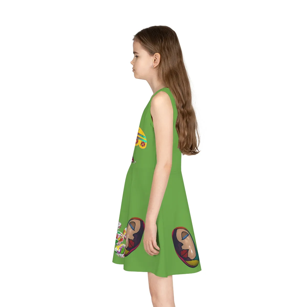 Girls' Sleeveless Sundress (AOP) PEBBLES ART ON GREEN