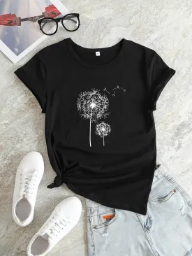 Graphic Print Crew Neck Tee Casual Summer Top for Women