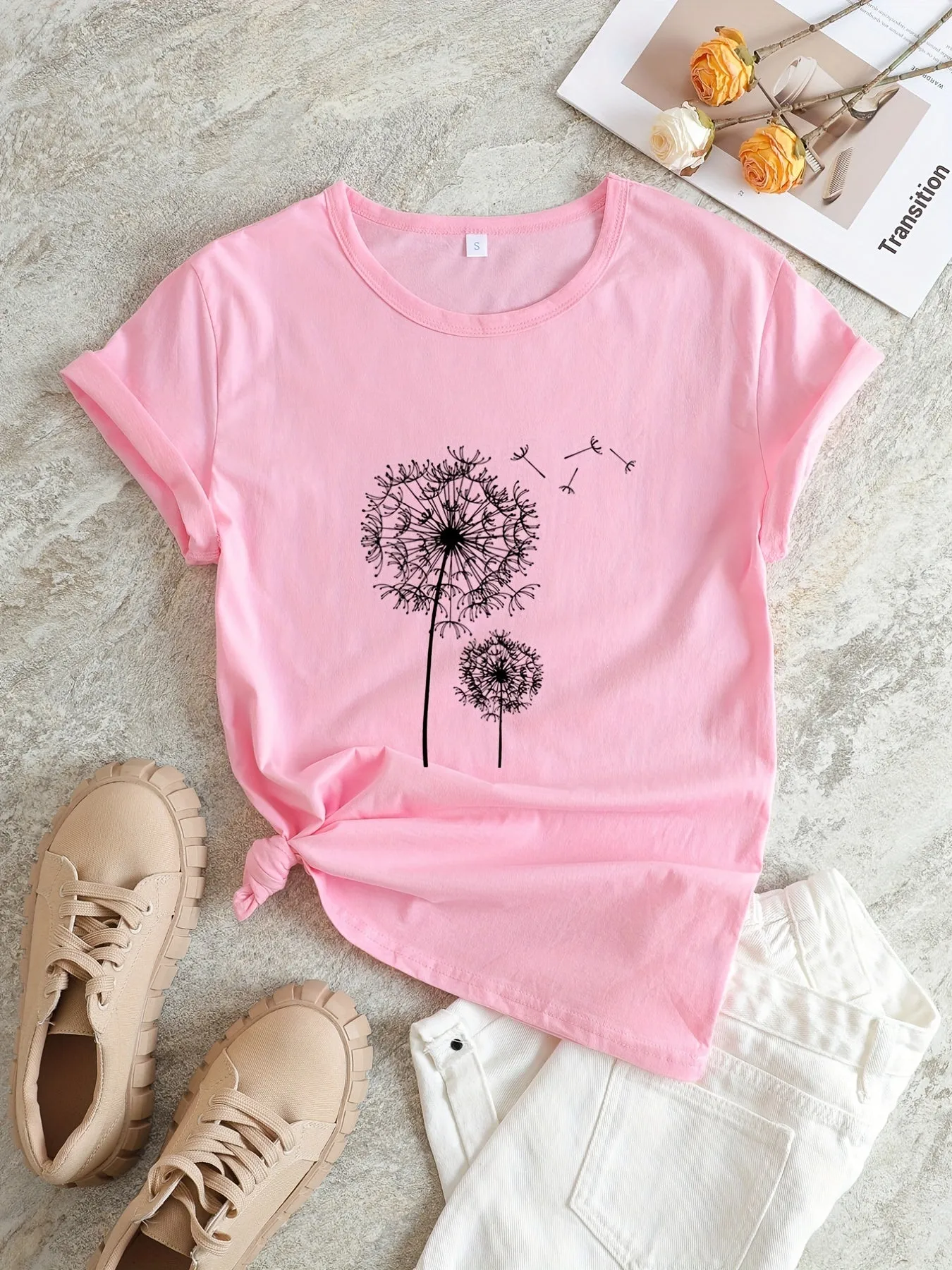 Graphic Print Crew Neck Tee Casual Summer Top for Women