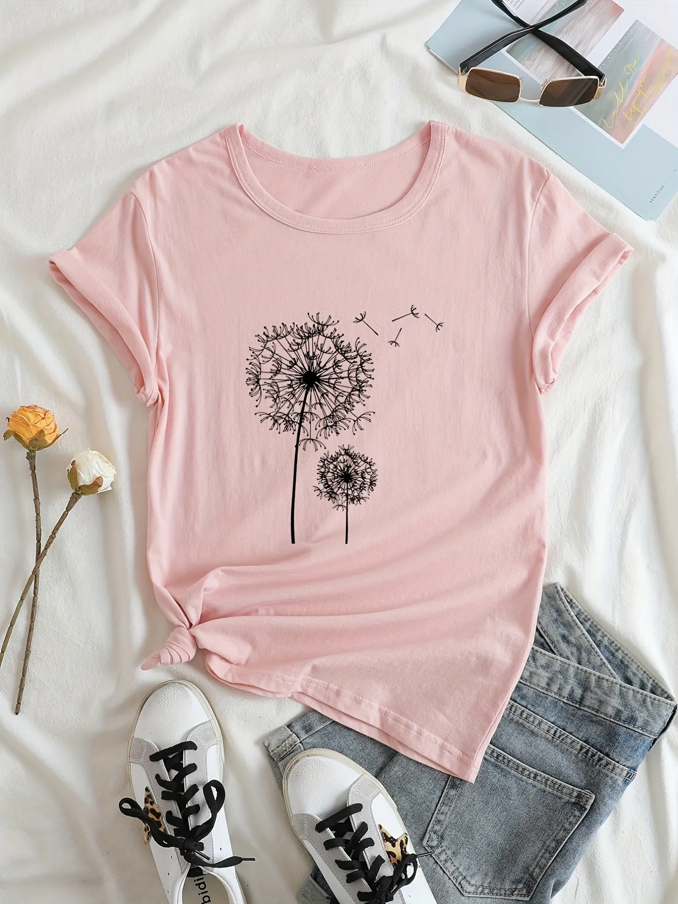 Graphic Print Crew Neck Tee Casual Summer Top for Women