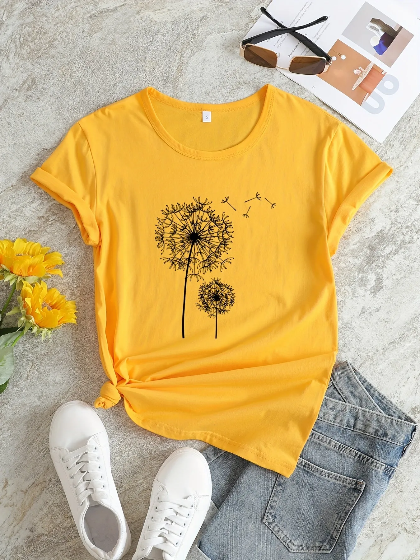 Graphic Print Crew Neck Tee Casual Summer Top for Women