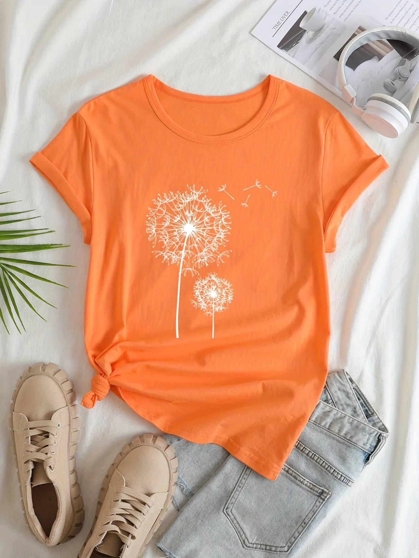 Graphic Print Crew Neck Tee Casual Summer Top for Women