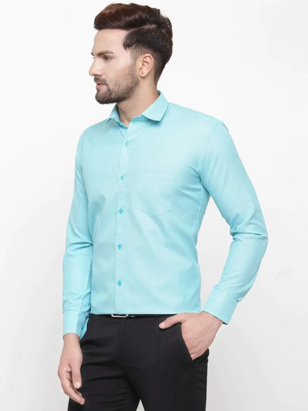 Green Men'S Cotton Geometric Formal Shirts