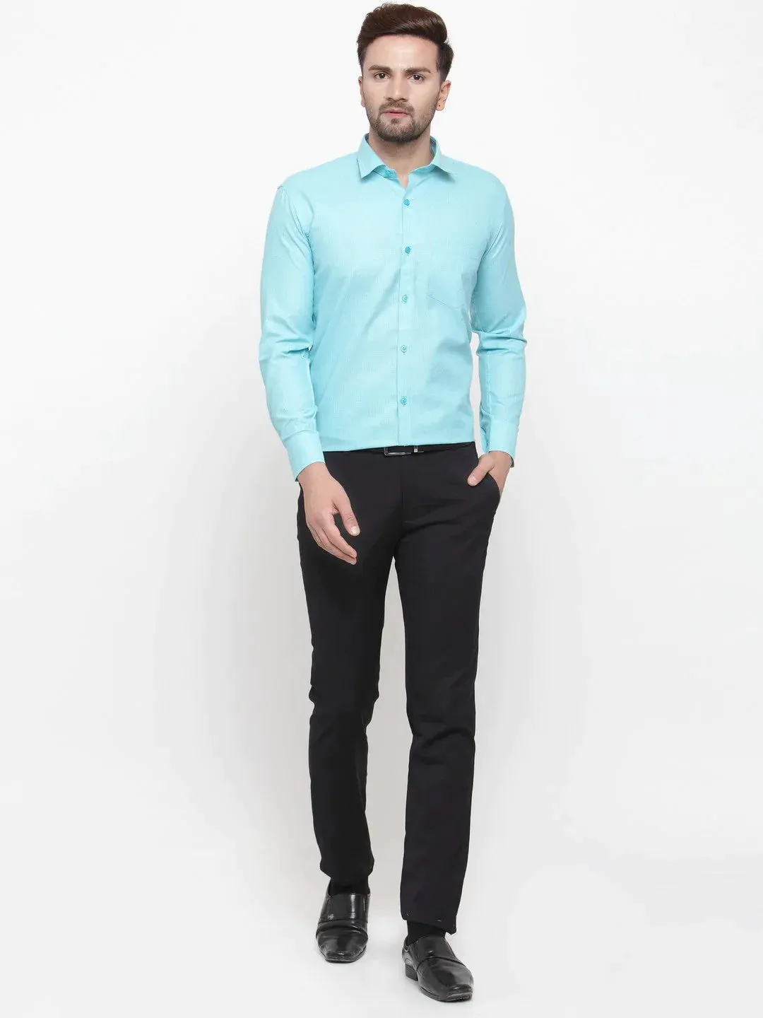 Green Men'S Cotton Geometric Formal Shirts