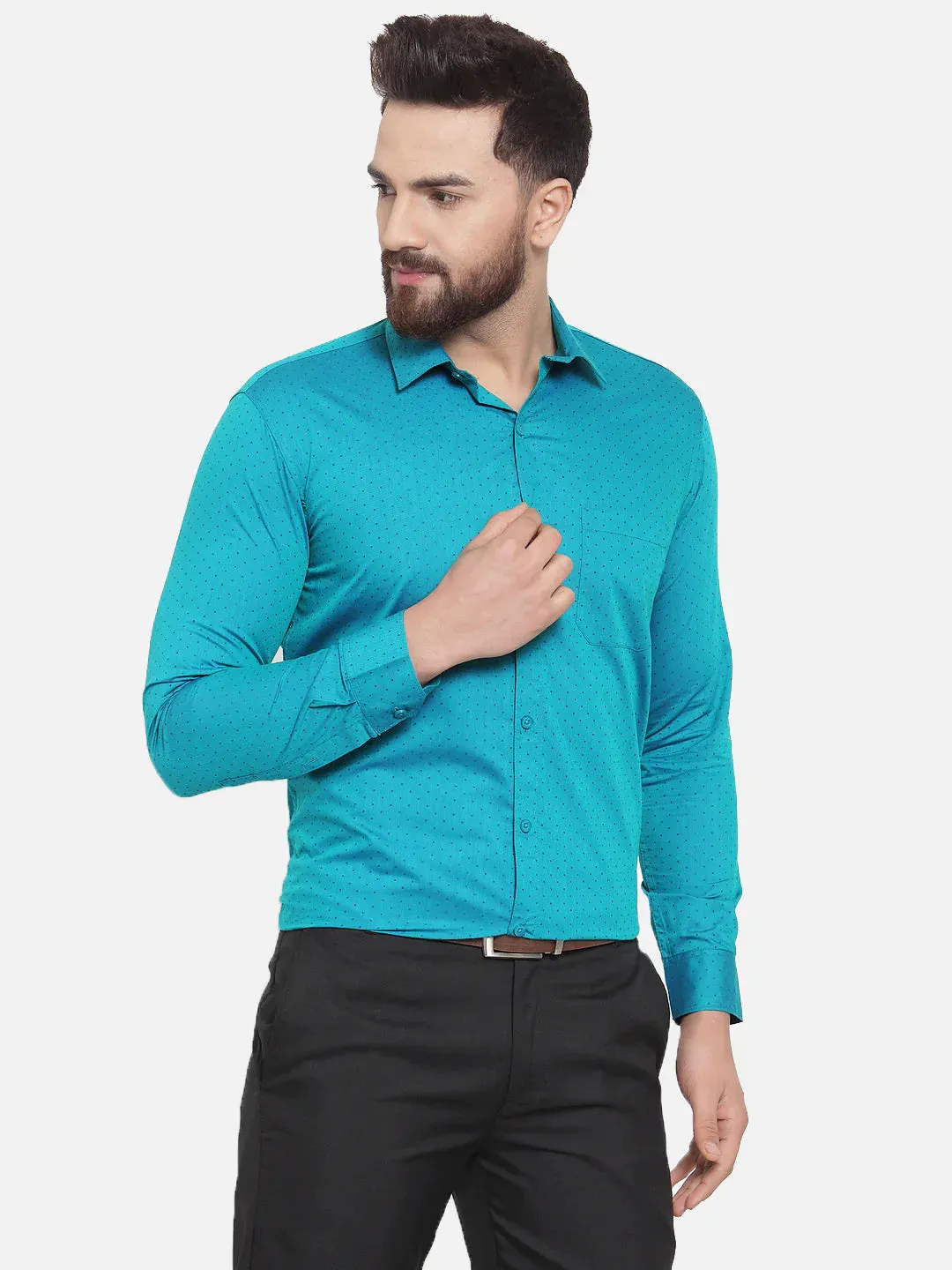 Green Men'S Cotton Polka Dots Formal Shirts