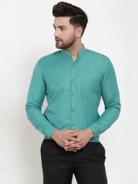 Green Men'S Cotton Solid Mandarin Collar Formal Shirts