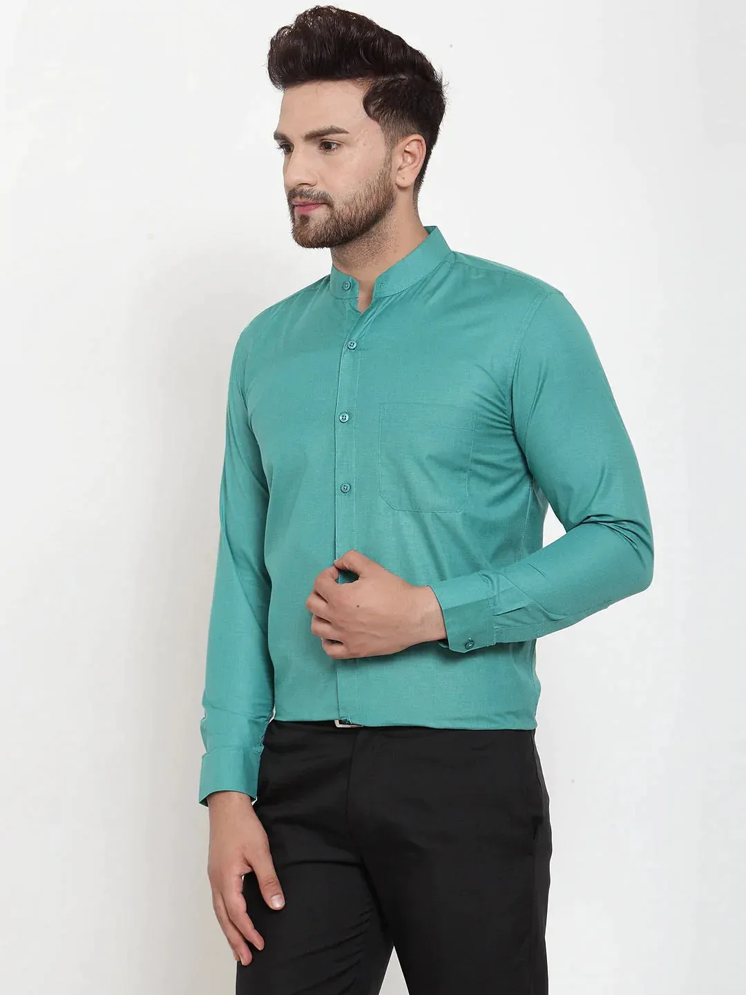 Green Men'S Cotton Solid Mandarin Collar Formal Shirts