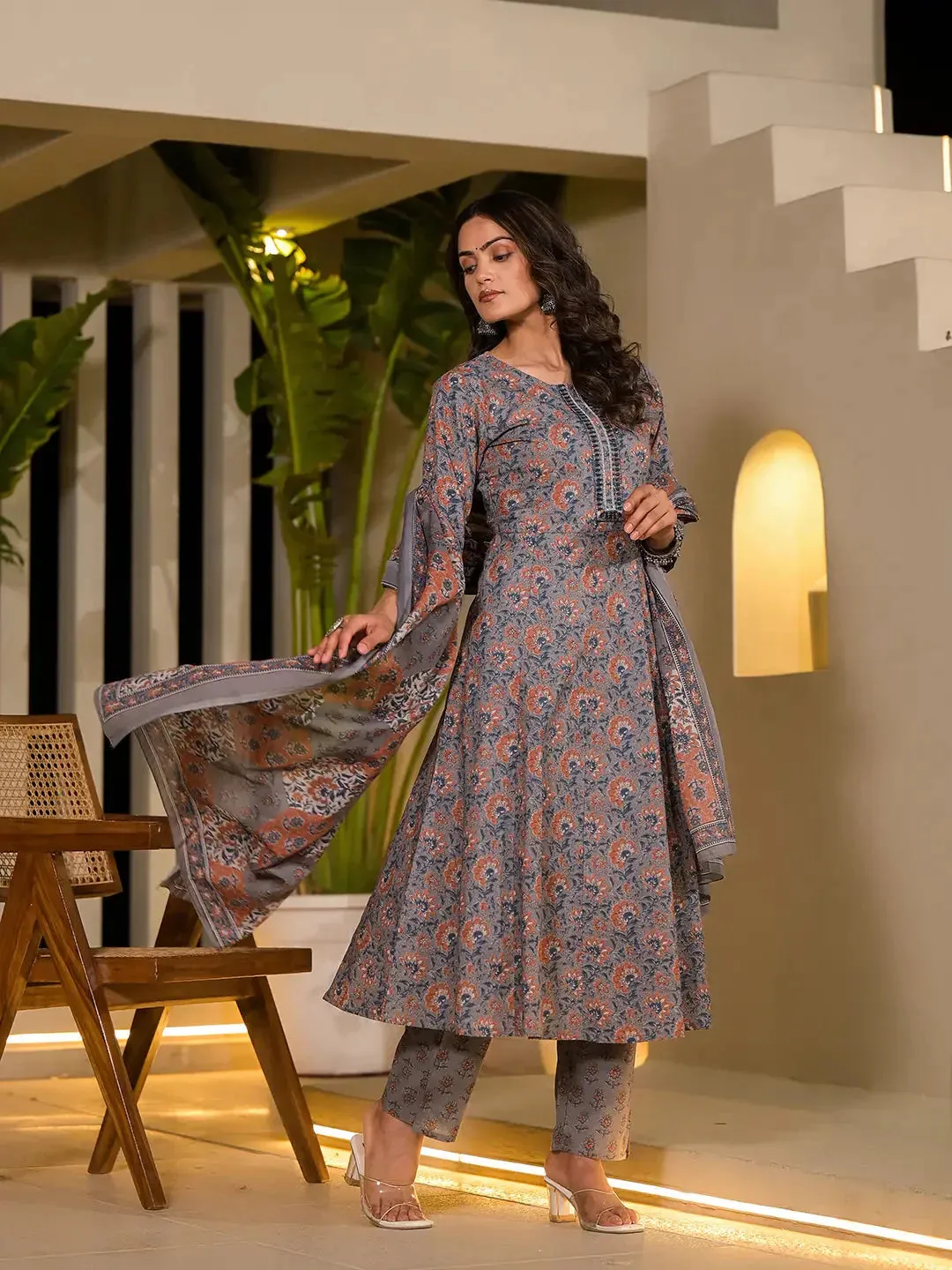 Grey Thread Work Cotton Anarkali Style Kurta And Trousers With Dupatta Set