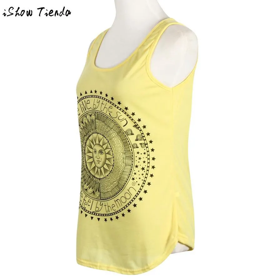 Harajuku Tops Stylish Sun Letter Circle Printed Tank Top Women Casual Cotton.