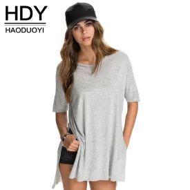 HDY Haoduoyi 2017 Summer Fashion  Solid Side Split Tops New Casual Loose Tees Stepped Hem Long Basic Women T-shirt