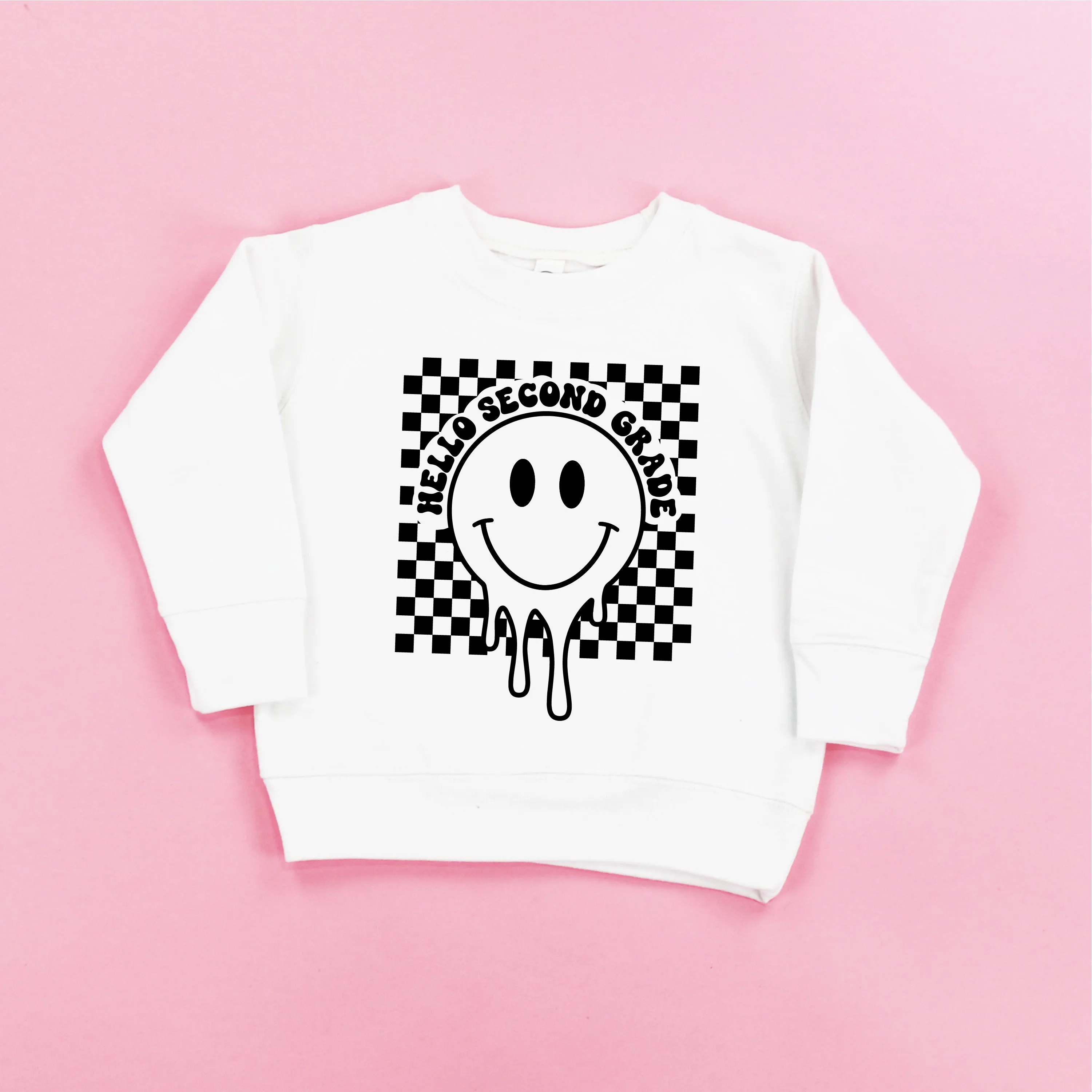 Hello Second Grade - Checker Smiley - Child Sweater