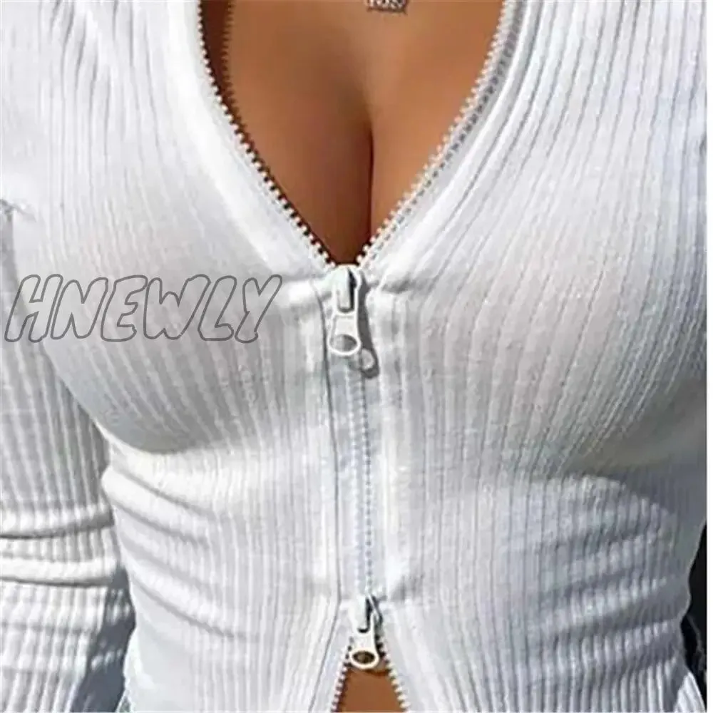 Hnewly Women T-shirt Spring Autumn Clothes Ribbed Knitted Long Sleeve Crop Tops Zipper Design Tee Sexy Female Slim Black White Tops