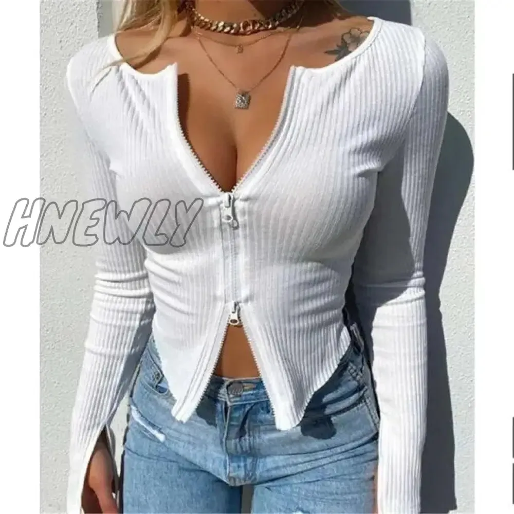 Hnewly Women T-shirt Spring Autumn Clothes Ribbed Knitted Long Sleeve Crop Tops Zipper Design Tee Sexy Female Slim Black White Tops