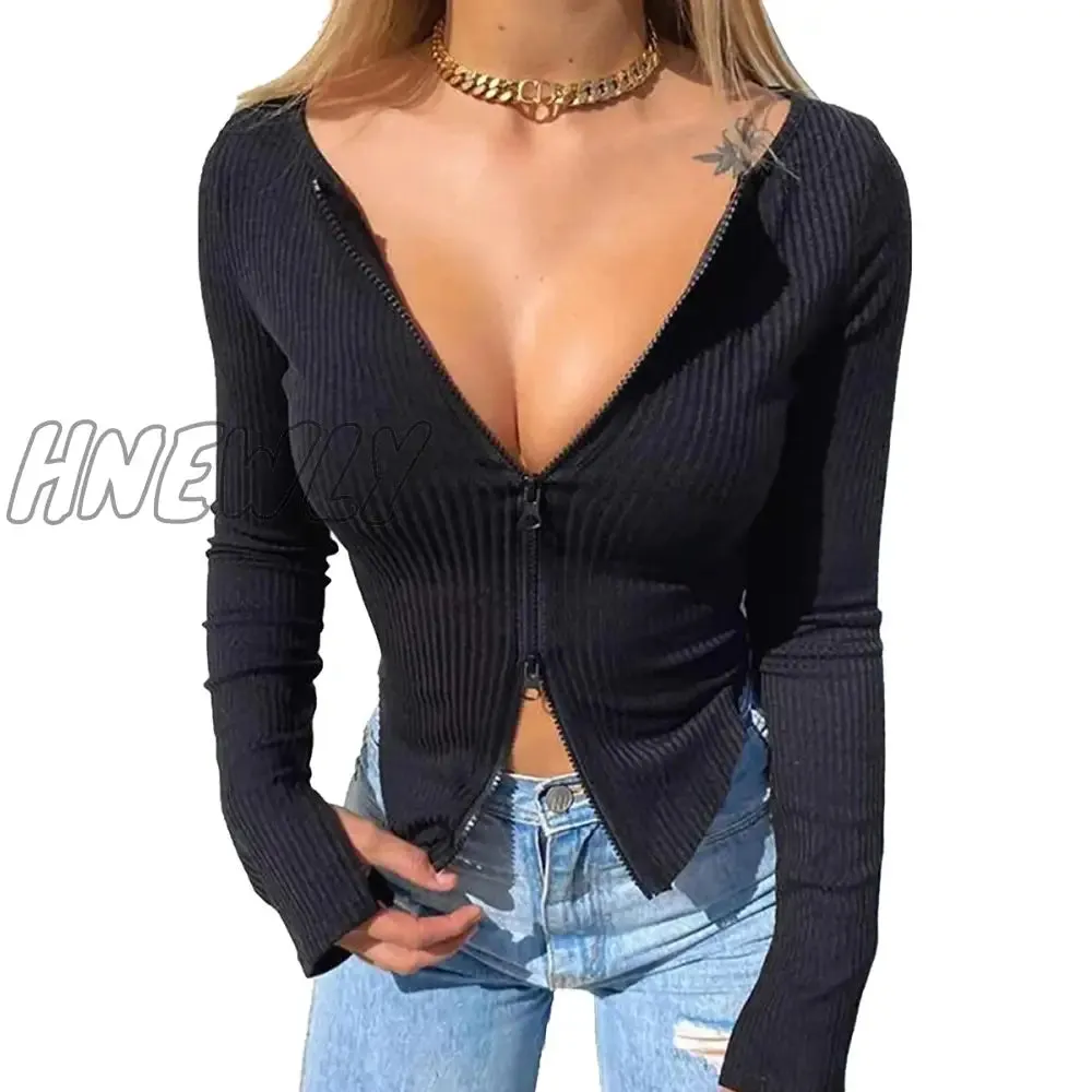 Hnewly Women T-shirt Spring Autumn Clothes Ribbed Knitted Long Sleeve Crop Tops Zipper Design Tee Sexy Female Slim Black White Tops