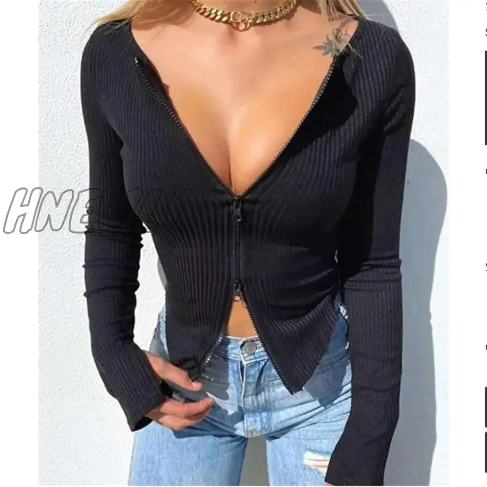 Hnewly Women T-shirt Spring Autumn Clothes Ribbed Knitted Long Sleeve Crop Tops Zipper Design Tee Sexy Female Slim Black White Tops