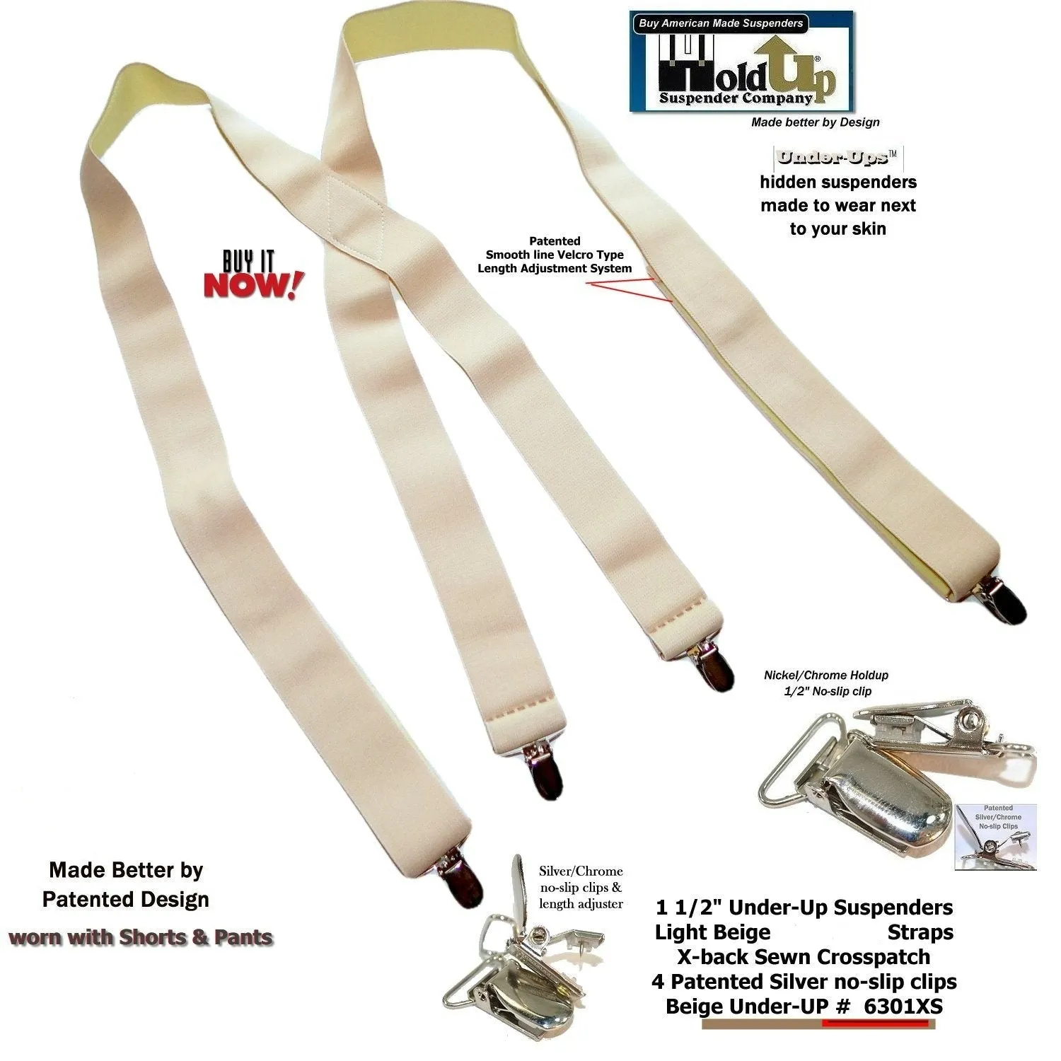 Hold-Ups 1 1/2" Wide Hidden Undergarment Suspenders In X-back Style With USA patented No-slip Silver Clips